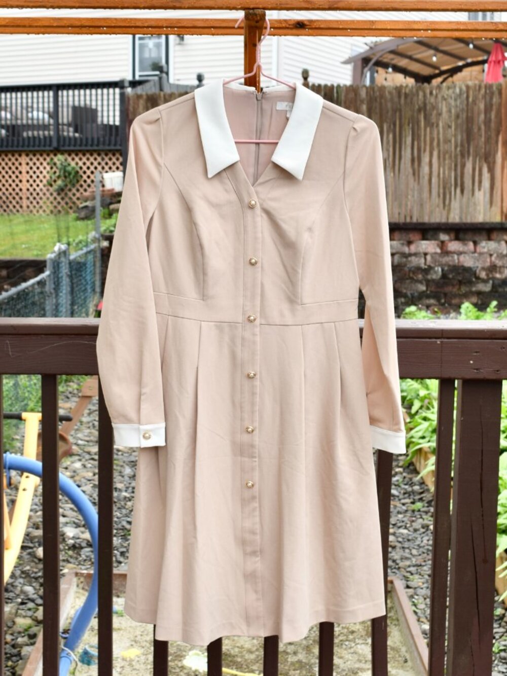 Beige V Neck Dress - Long Sleeve/Lined - Prich